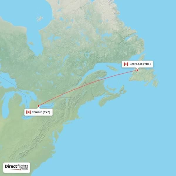 Toronto - Deer Lake direct flight map
