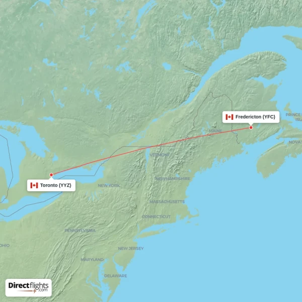 Toronto - Fredericton direct flight map
