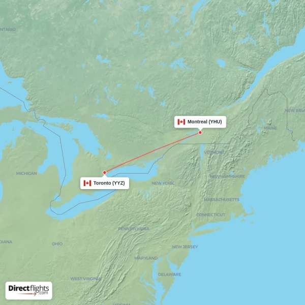 Toronto - Montreal direct flight map