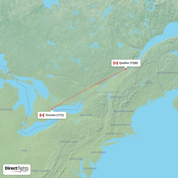 Toronto - Quebec direct flight map