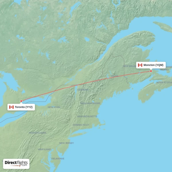 Toronto - Moncton direct flight map