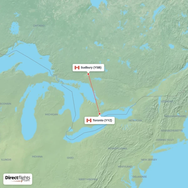 Toronto - Sudbury direct flight map