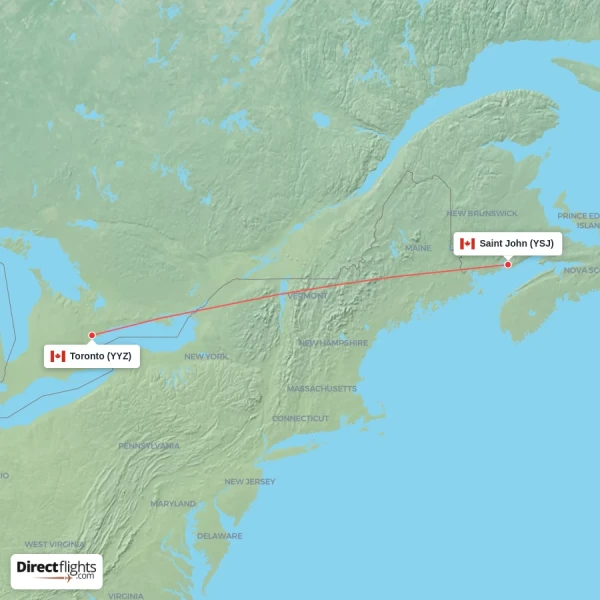 Toronto - Saint John direct flight map