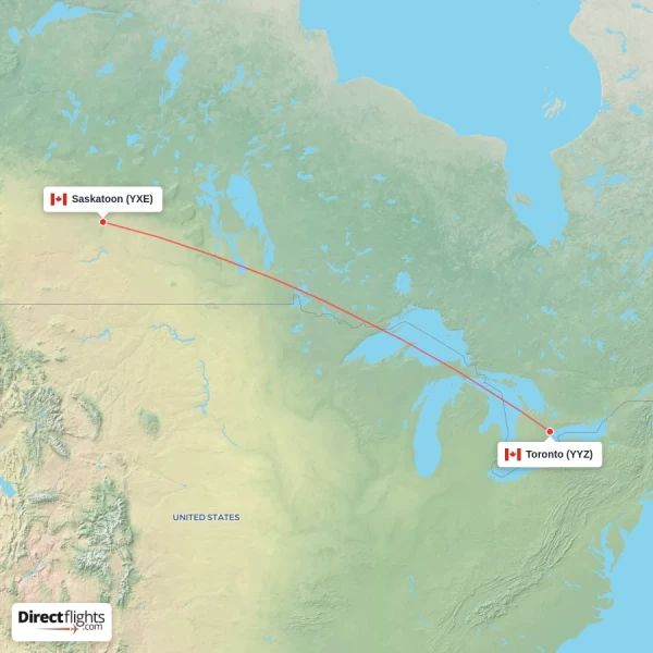 Toronto - Saskatoon direct flight map