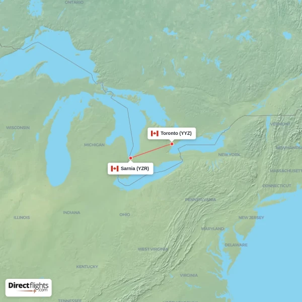Toronto - Sarnia direct flight map