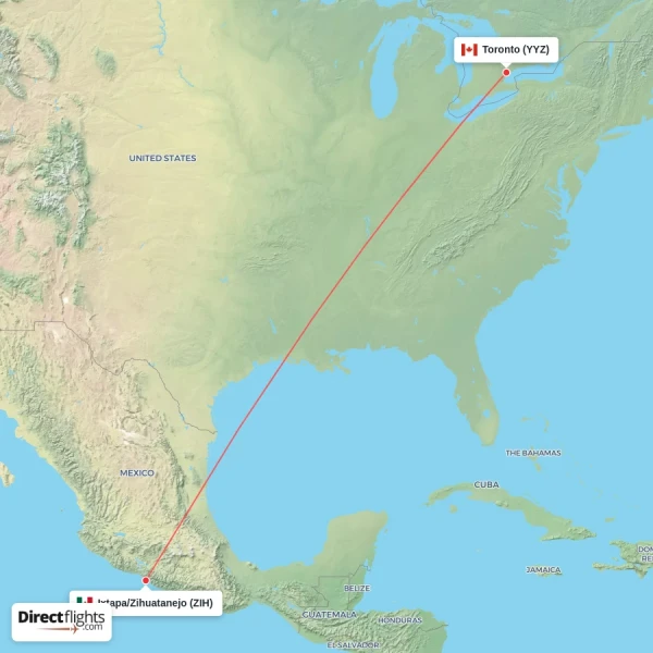 Toronto - Ixtapa/Zihuatanejo direct flight map