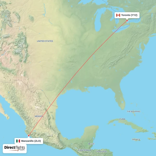 Toronto - Manzanillo direct flight map