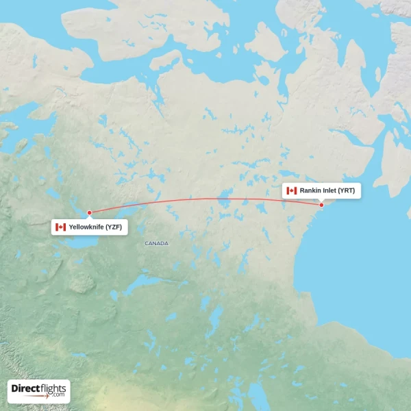 Yellowknife - Rankin Inlet direct flight map