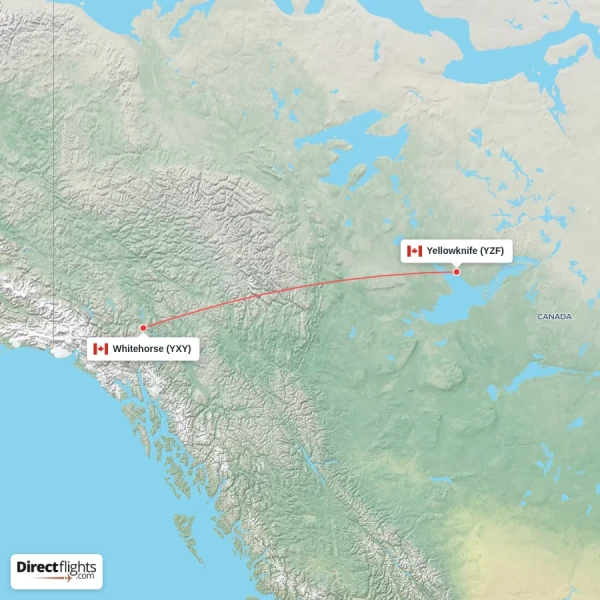 Yellowknife - Whitehorse direct flight map