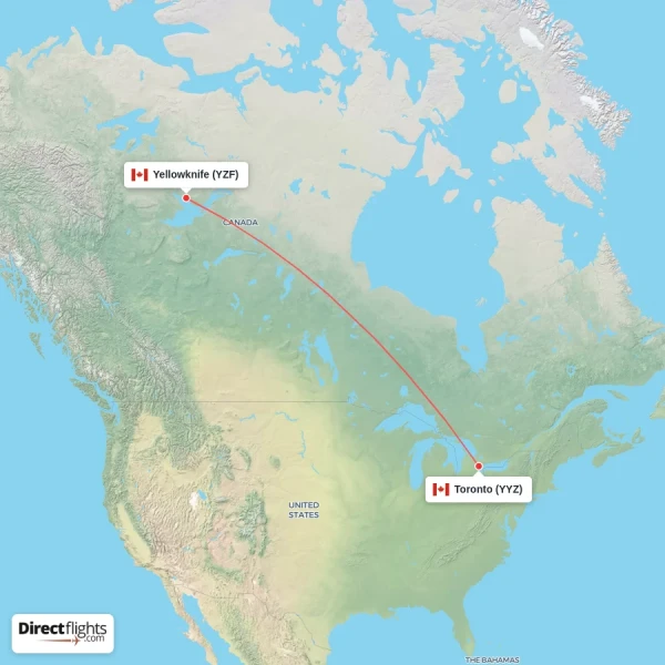 Yellowknife - Toronto direct flight map