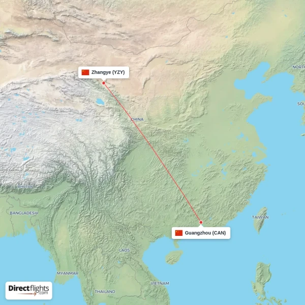 Zhangye - Guangzhou direct flight map