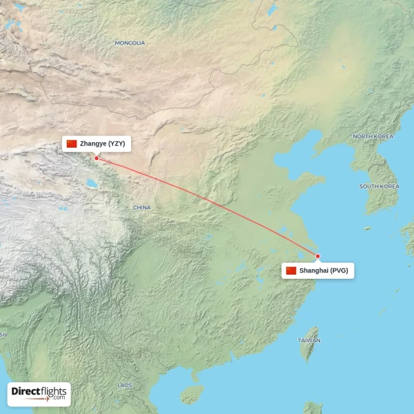 Zhangye - Shanghai direct flight map
