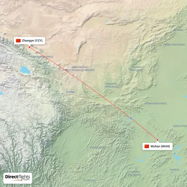 Zhangye - Wuhan direct flight map