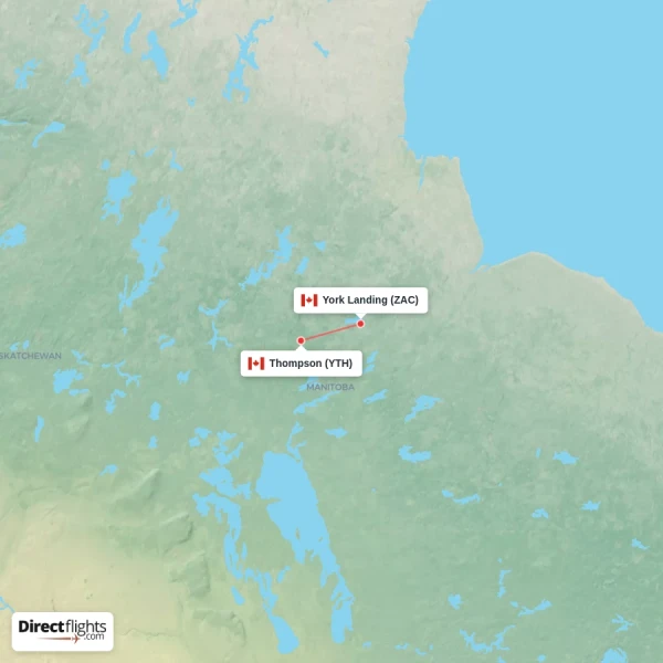 York Landing - Thompson direct flight map