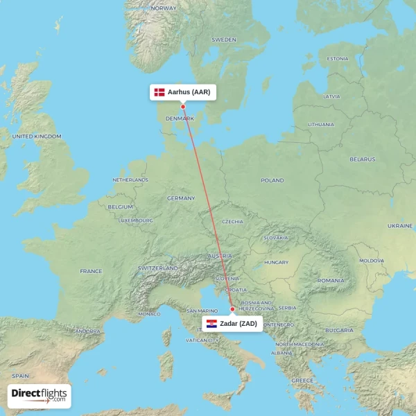 Zadar - Aarhus direct flight map