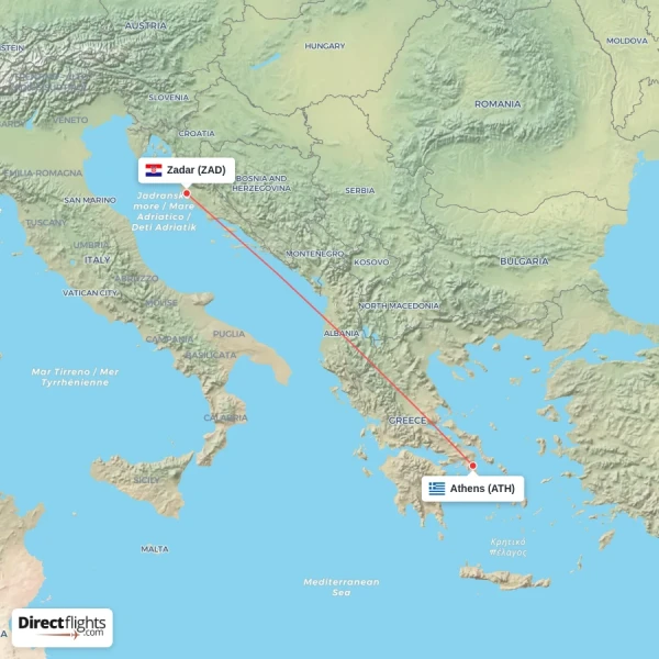 Zadar - Athens direct flight map