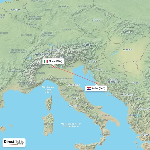 Zadar - Milan direct flight map