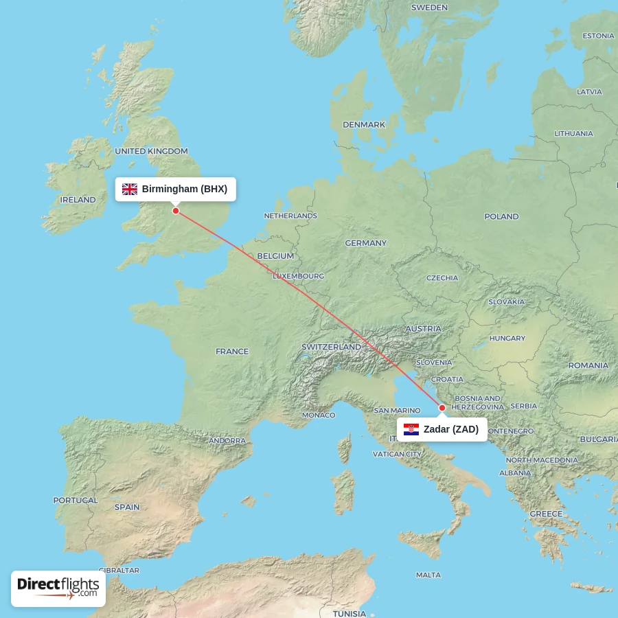 ZAD - BHX route map