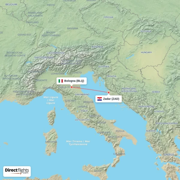 Zadar - Bologna direct flight map