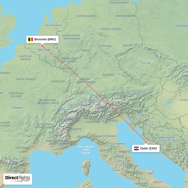 Zadar - Brussels direct flight map