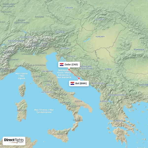 Zadar - Bol direct flight map