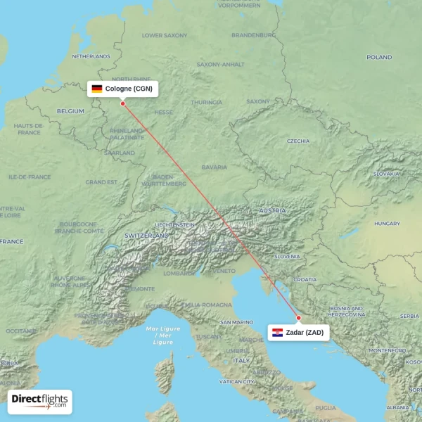 Zadar - Cologne direct flight map