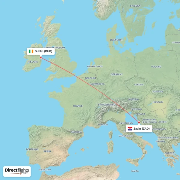 Zadar - Dublin direct flight map
