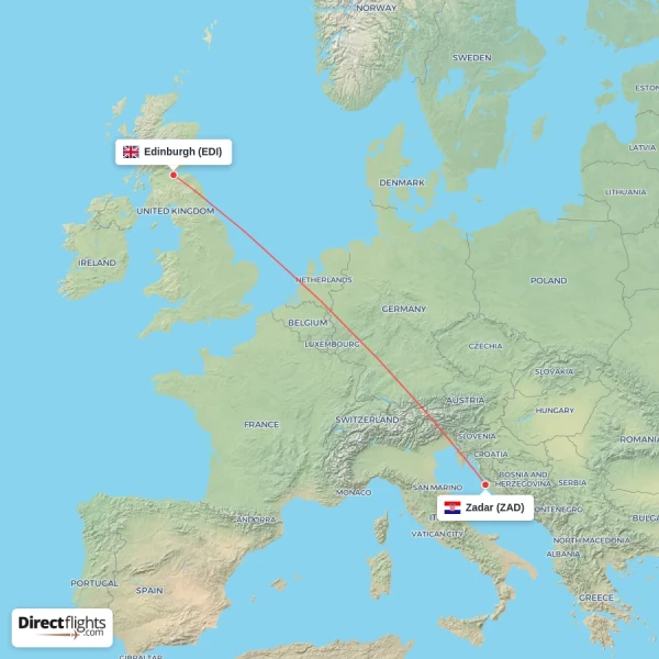 Zadar - Edinburgh direct flight map