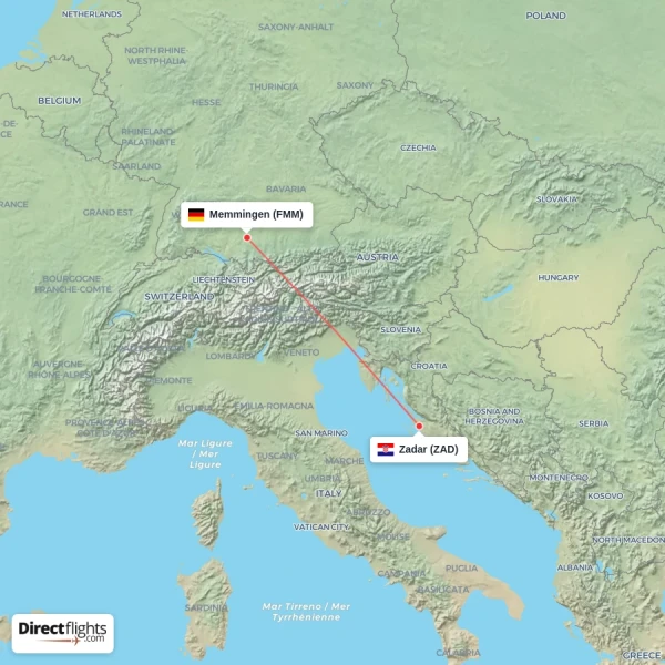 Zadar - Memmingen direct flight map