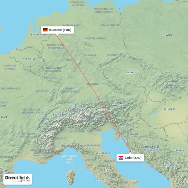 Zadar - Muenster direct flight map