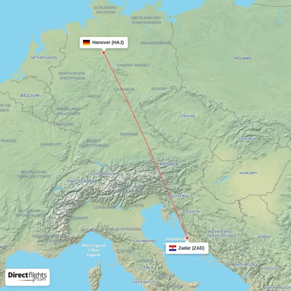 Zadar - Hanover direct flight map