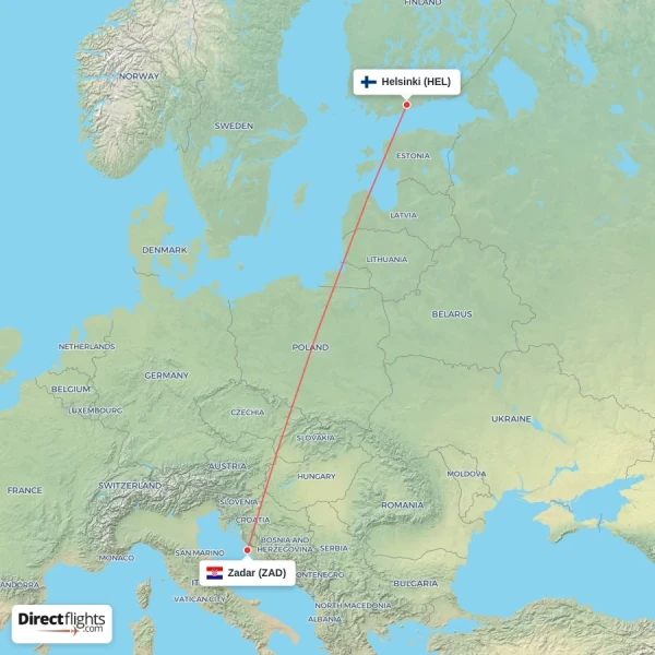 Zadar - Helsinki direct flight map