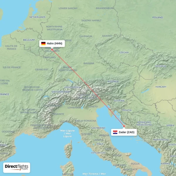 Zadar - Hahn direct flight map