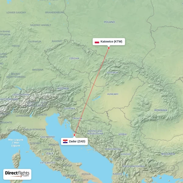 Zadar - Katowice direct flight map