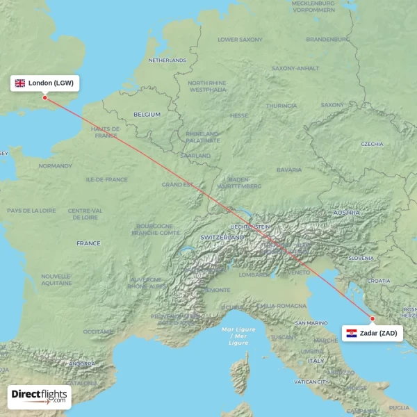 Zadar - London direct flight map