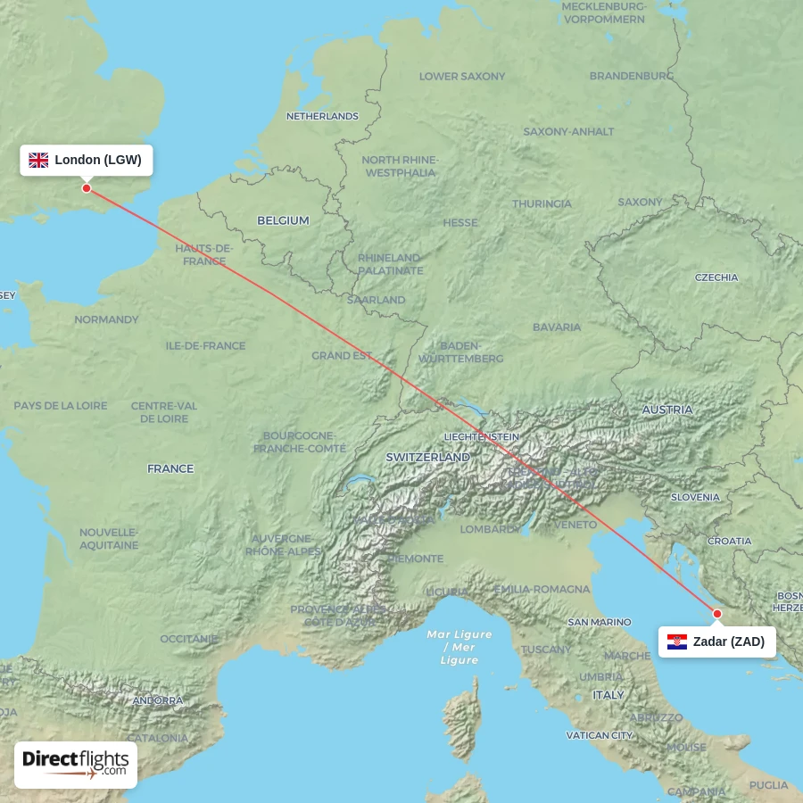 ZAD - LGW route map