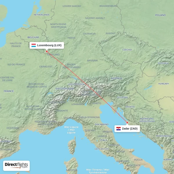 Zadar - Luxembourg direct flight map