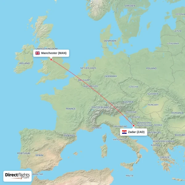 Zadar - Manchester direct flight map