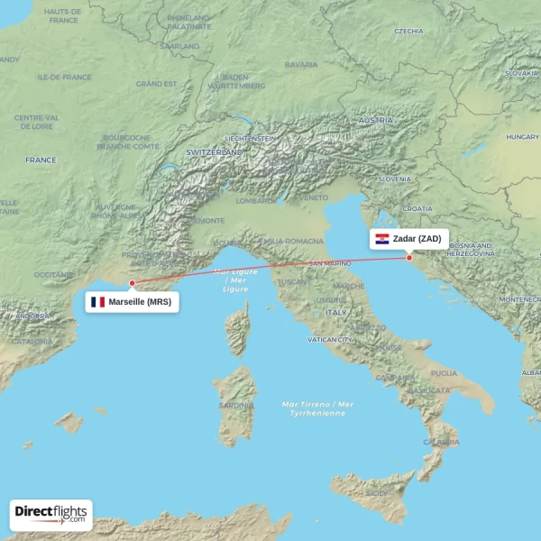 Zadar - Marseille direct flight map