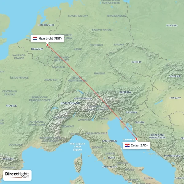 Zadar - Maastricht direct flight map