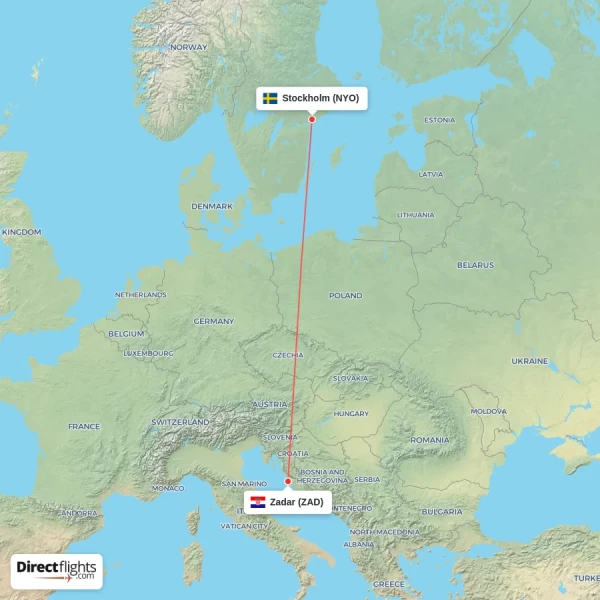 Zadar - Stockholm direct flight map