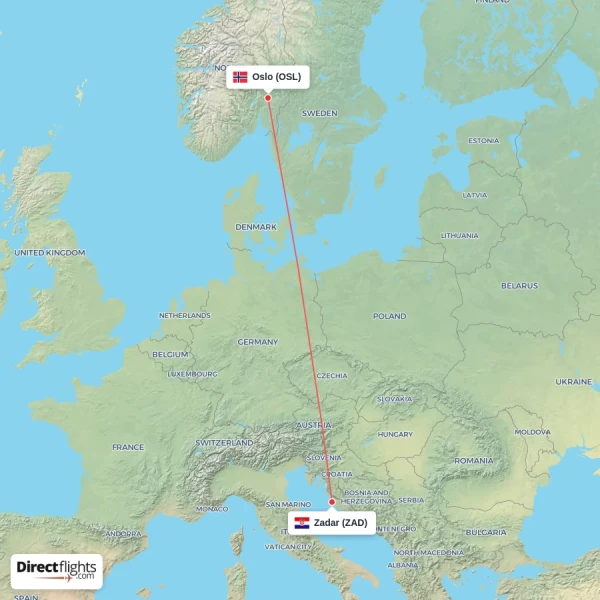Zadar - Oslo direct flight map
