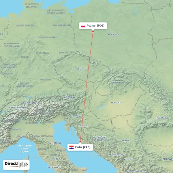 Zadar - Poznan direct flight map