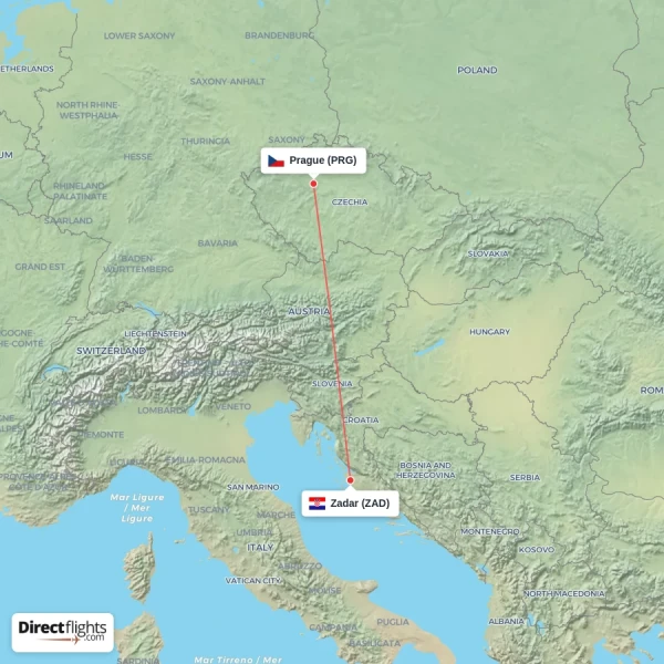 Zadar - Prague direct flight map