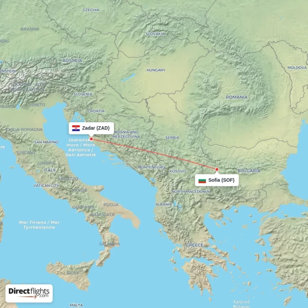 Zadar - Sofia direct flight map