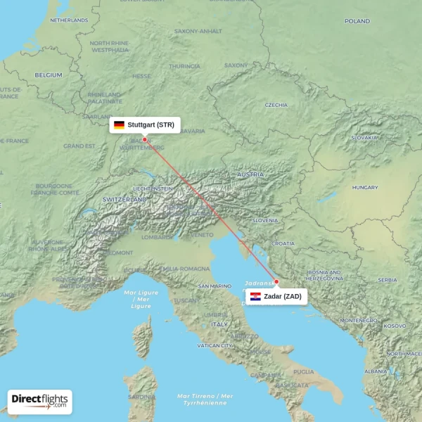 Zadar - Stuttgart direct flight map