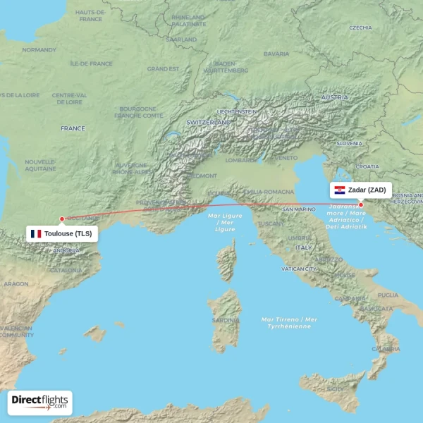 Zadar - Toulouse direct flight map