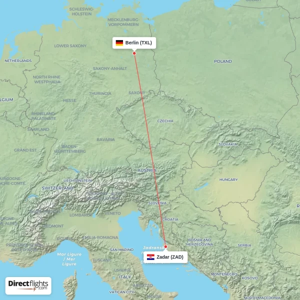Zadar - Berlin direct flight map