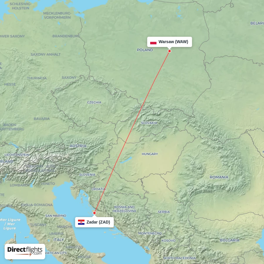 ZAD - WAW route map