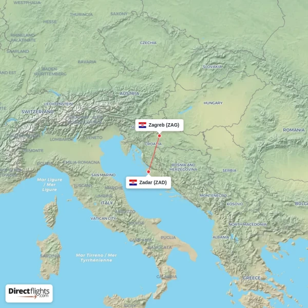 Zadar - Zagreb direct flight map